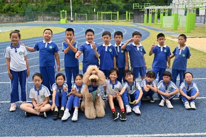 students with therapy dog